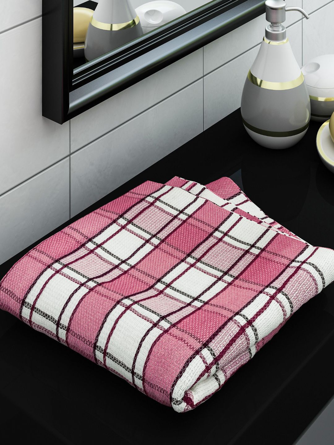 Athom Trendz Unisex Red & Pink Checked 210 GSM Bath Towel Price in India