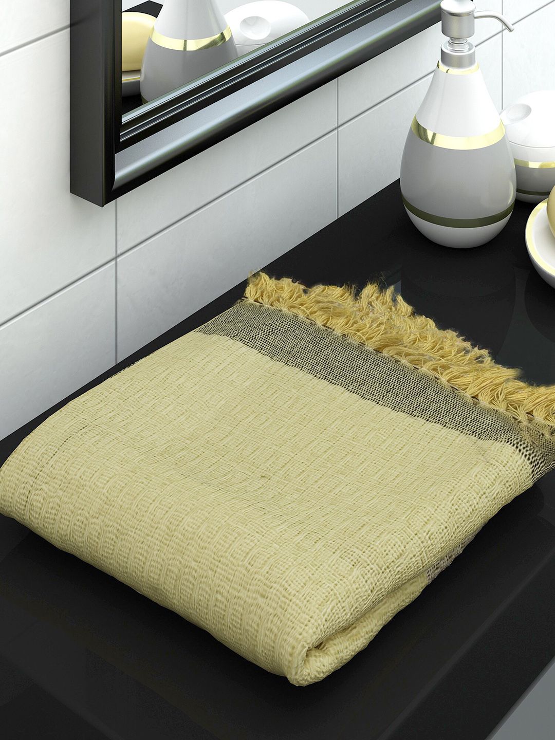 Athom Trendz Unisex Yellow & Green Self-Design 210 GSM Cotton Bath Towel Price in India