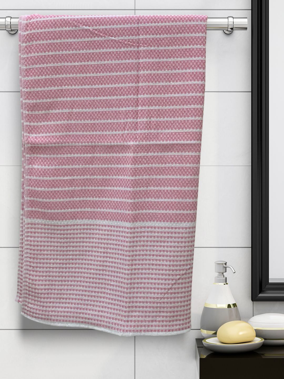 Athom Trendz Pink & White Self-Design 210 GSM Pure Cotton Bath Towel Price in India