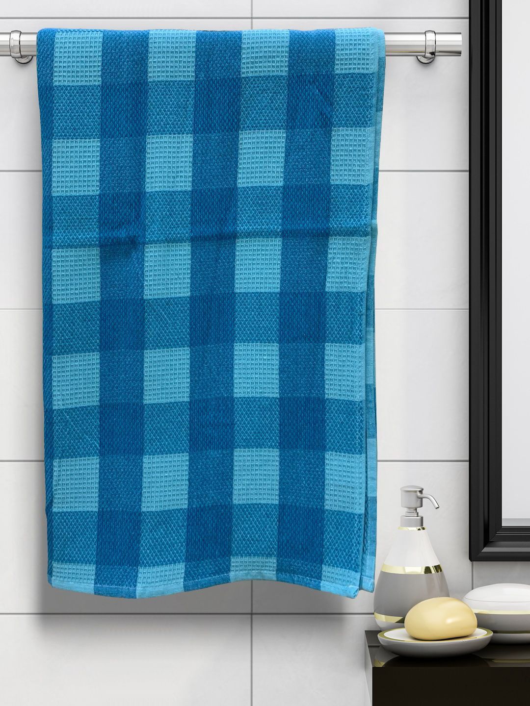 Athom Trendz Blue & White Checked 210 GSM Cotton Bath Towel Price in India