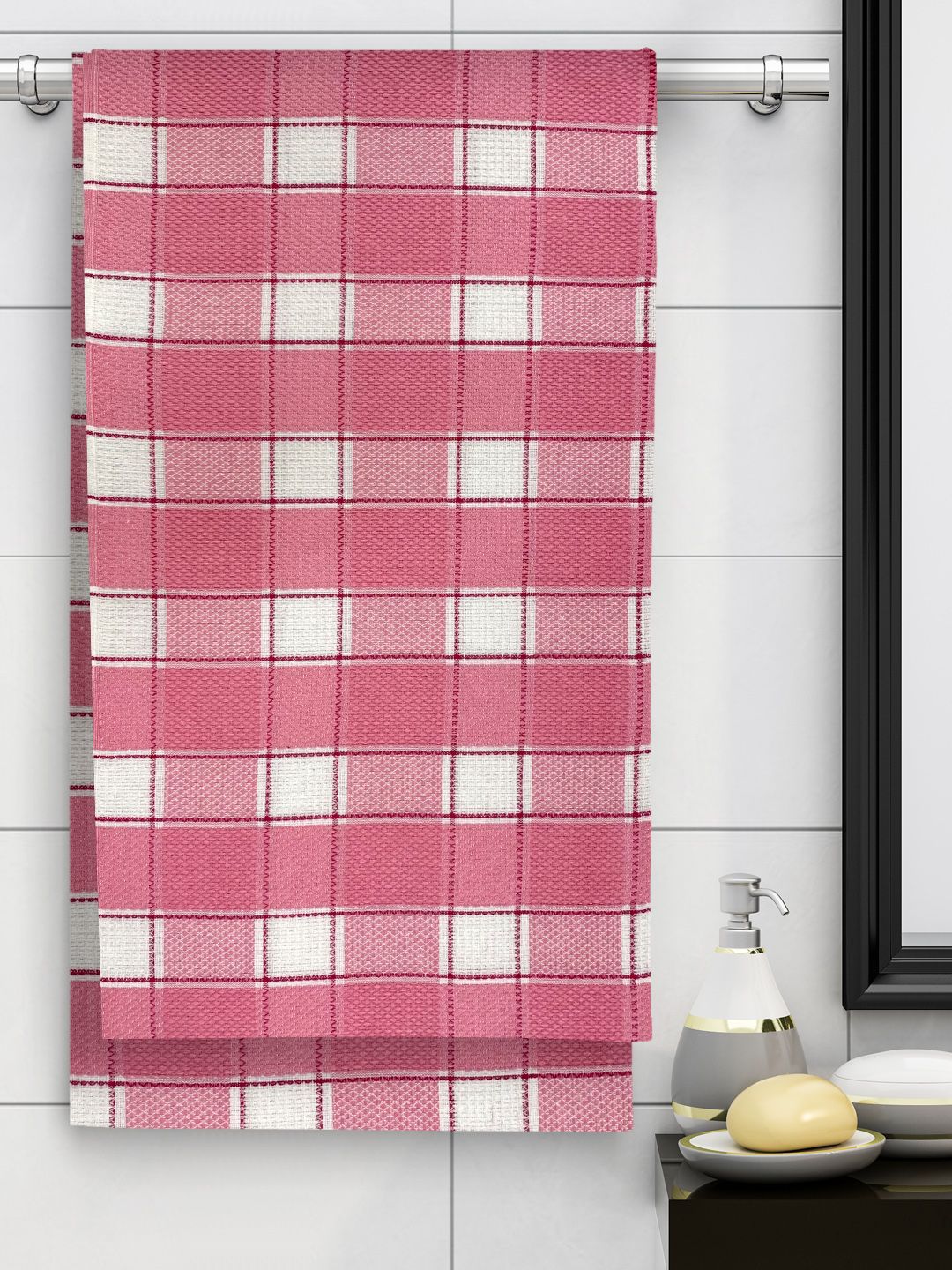 Athom Trendz Pink & White Checked 210 GSM Cotton Bath Towel Price in India