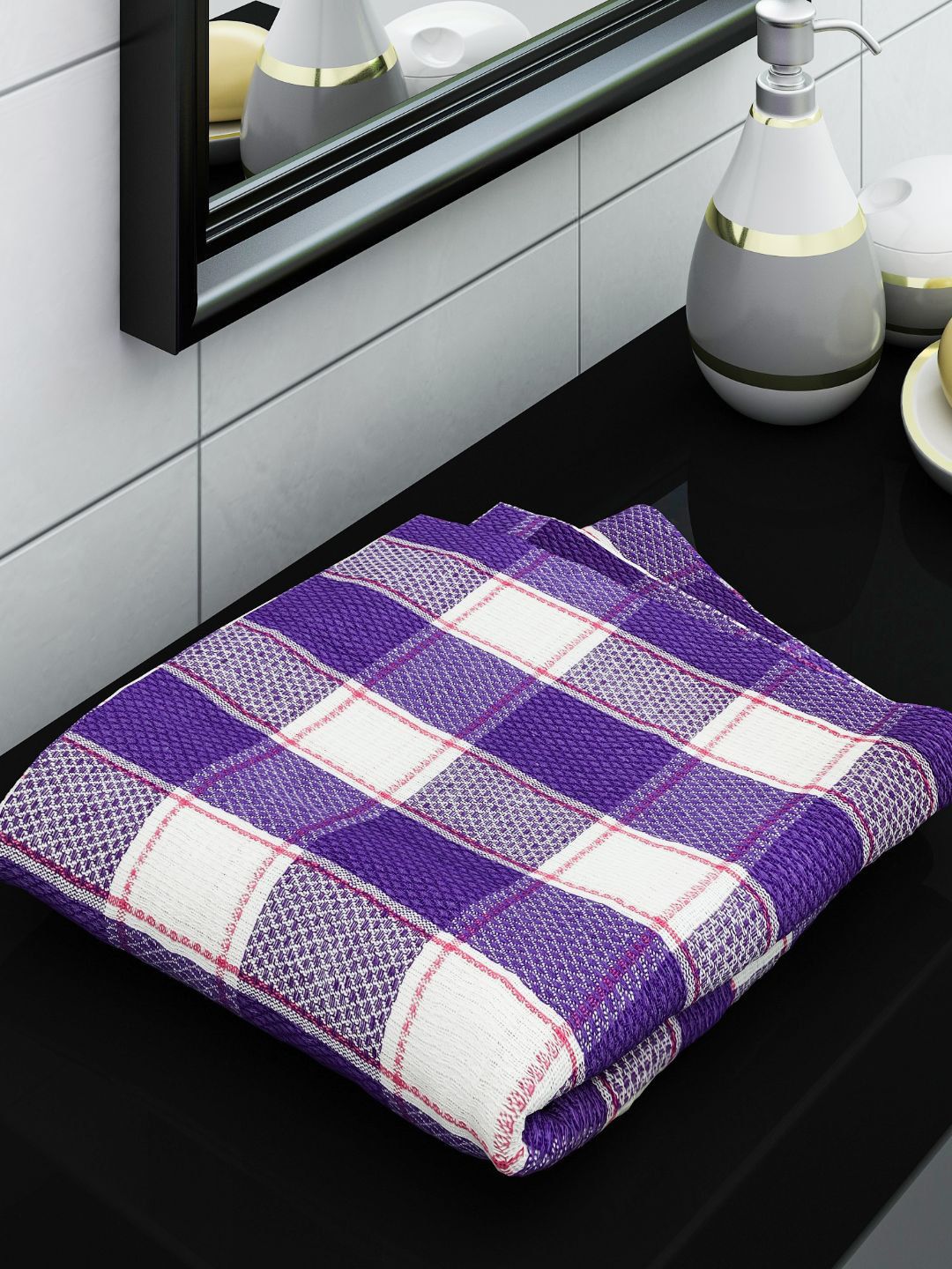 Athom Trendz Purple & White Checked Cotton 210GSM Bath Towel Price in India