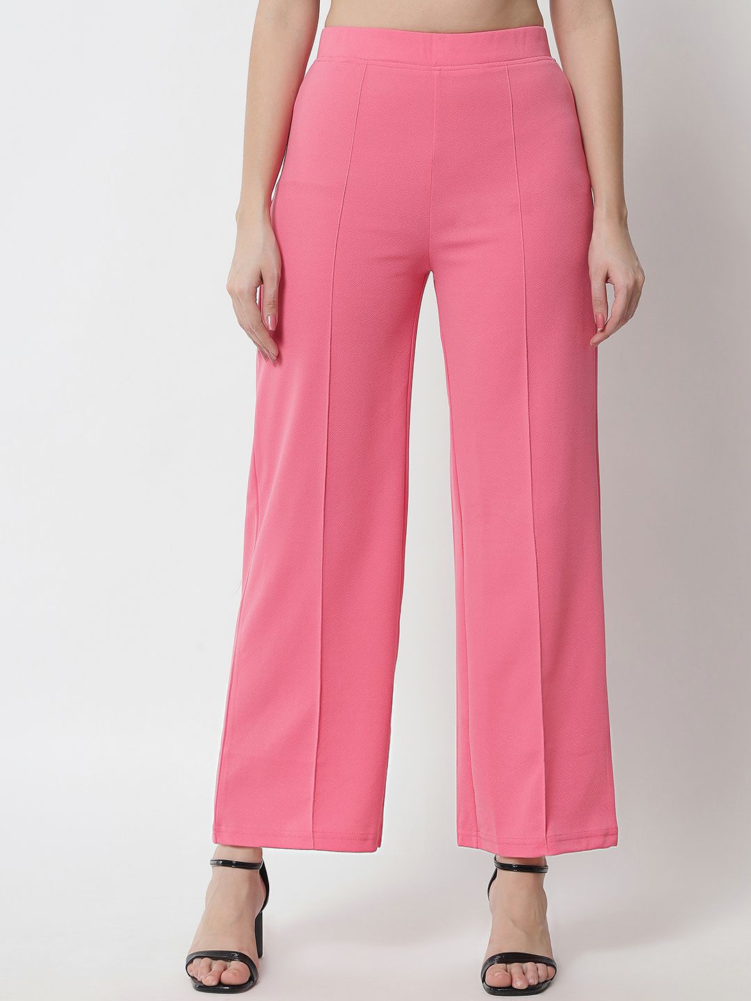 Kotty Women Pink Solid Relaxed Straight Fit High-Rise Parallel Trousers Price in India