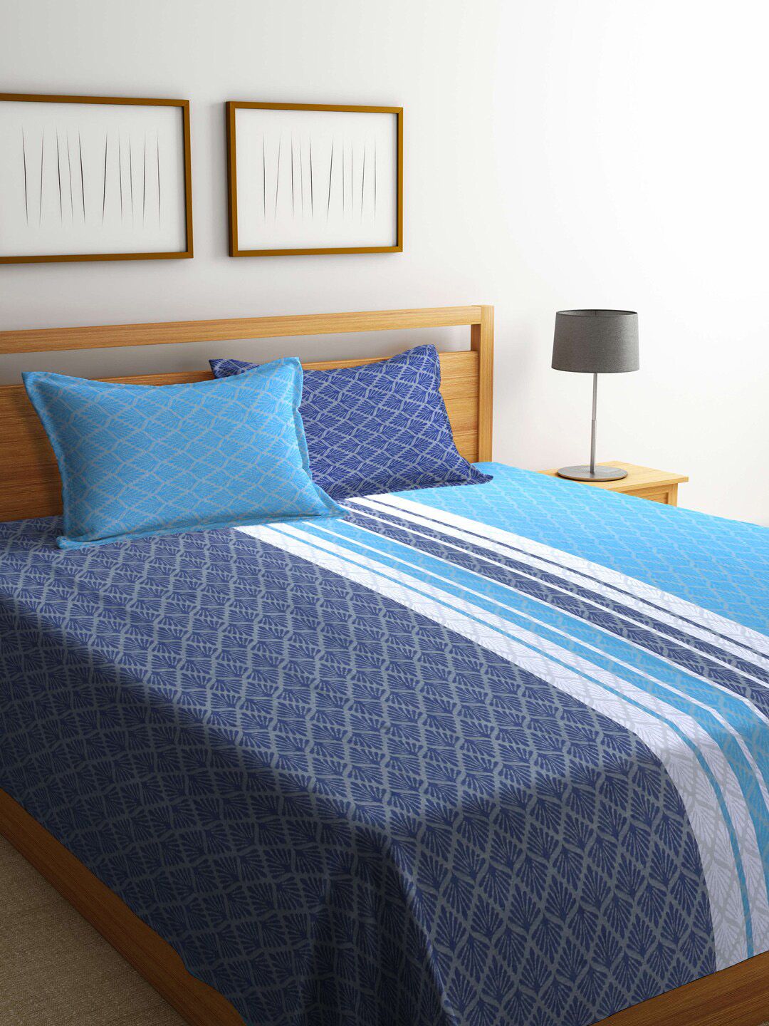 KLOTTHE Blue & White Printed Cotton Double King Bed Cover With 2 Pillow Covers Price in India