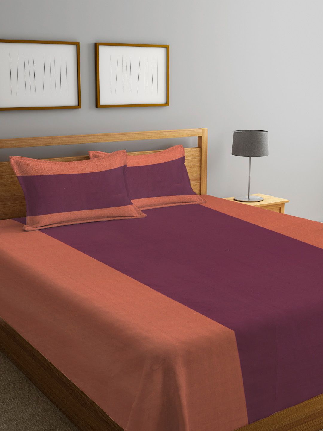 KLOTTHE Orange Colourblocked Pure Cotton Double King Bed Cover With 2 Pillow Covers Price in India