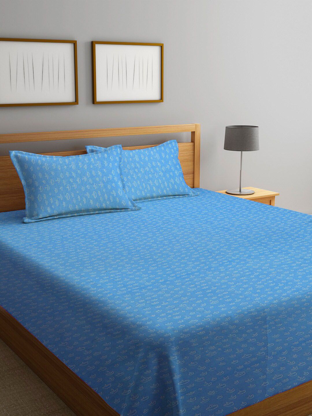 KLOTTHE Blue Printed Double King Bed Cover With 2 Pillow Covers Price in India