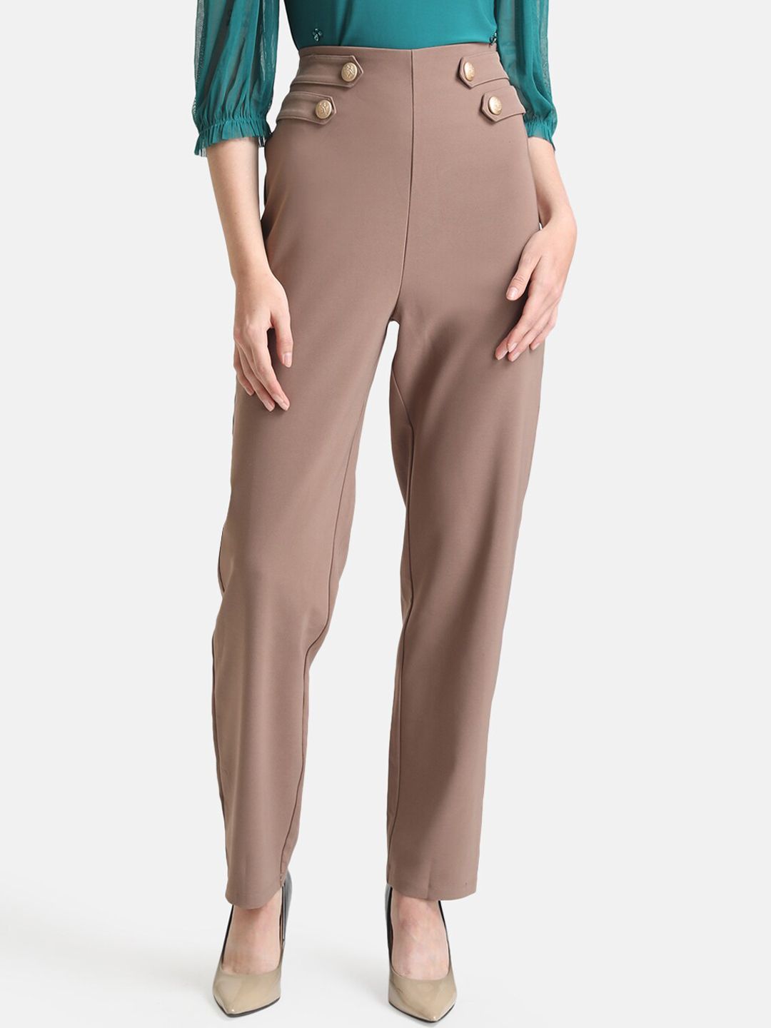 Kazo Women Tan Brown Solid High-Rise Parallel Trousers Price in India