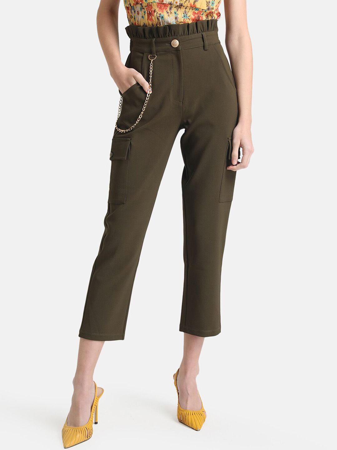 Kazo Women Olive Green Solid High-Rise Parallel Trousers Price in India