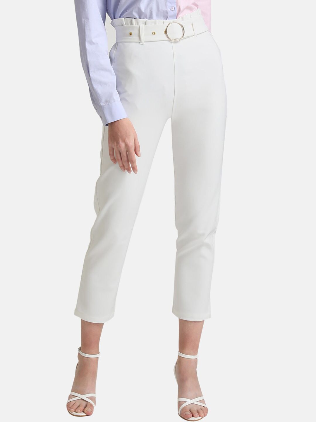 Kazo Women White Solid High-Rise Parallel Trousers Price in India