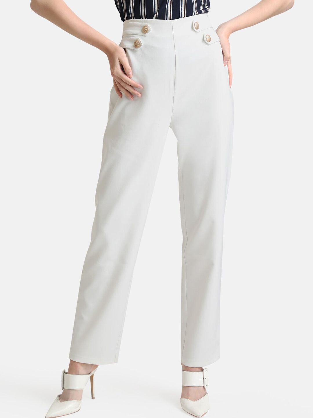 Kazo Women White Solid High-Rise Parallel Trousers Price in India