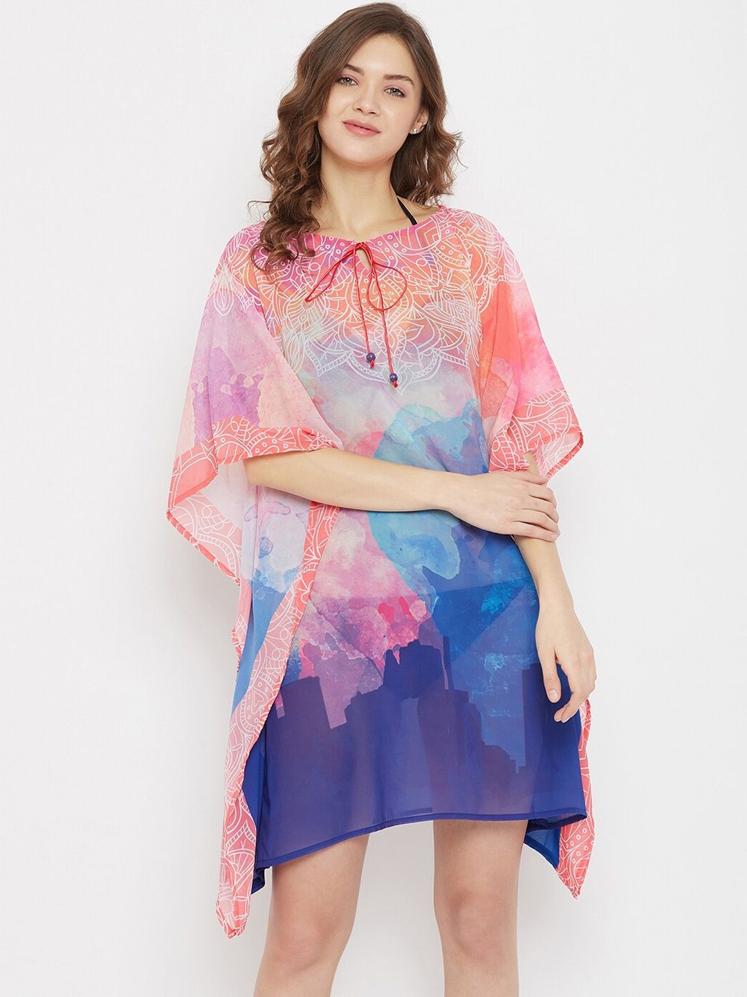 The Kaftan Company Women Pink Printed Georgette Cover-Up Kaftan Dress Price in India