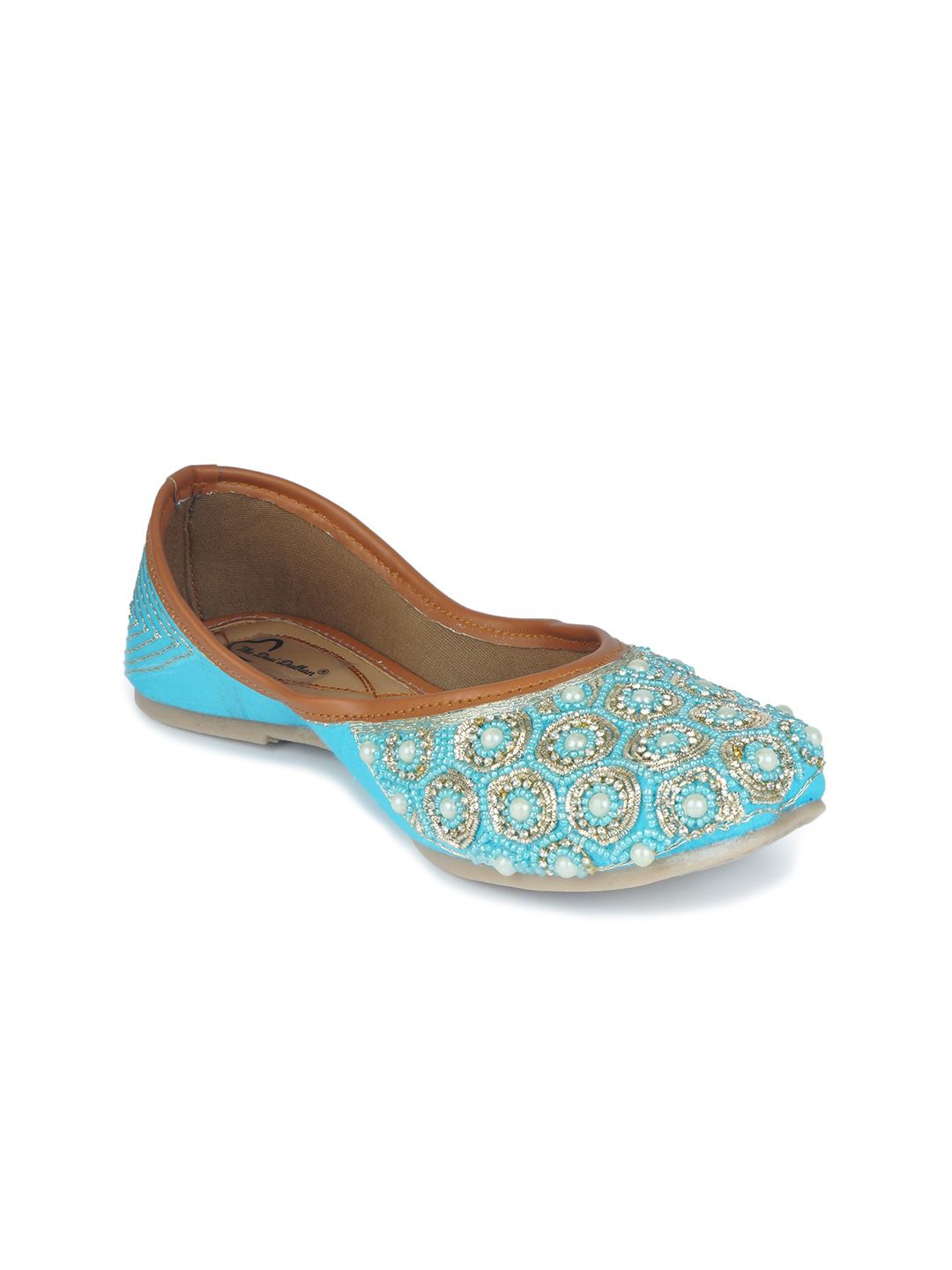 The Desi Dulhan Women Turquoise Blue Printed Leather Ethnic Flats Price in India