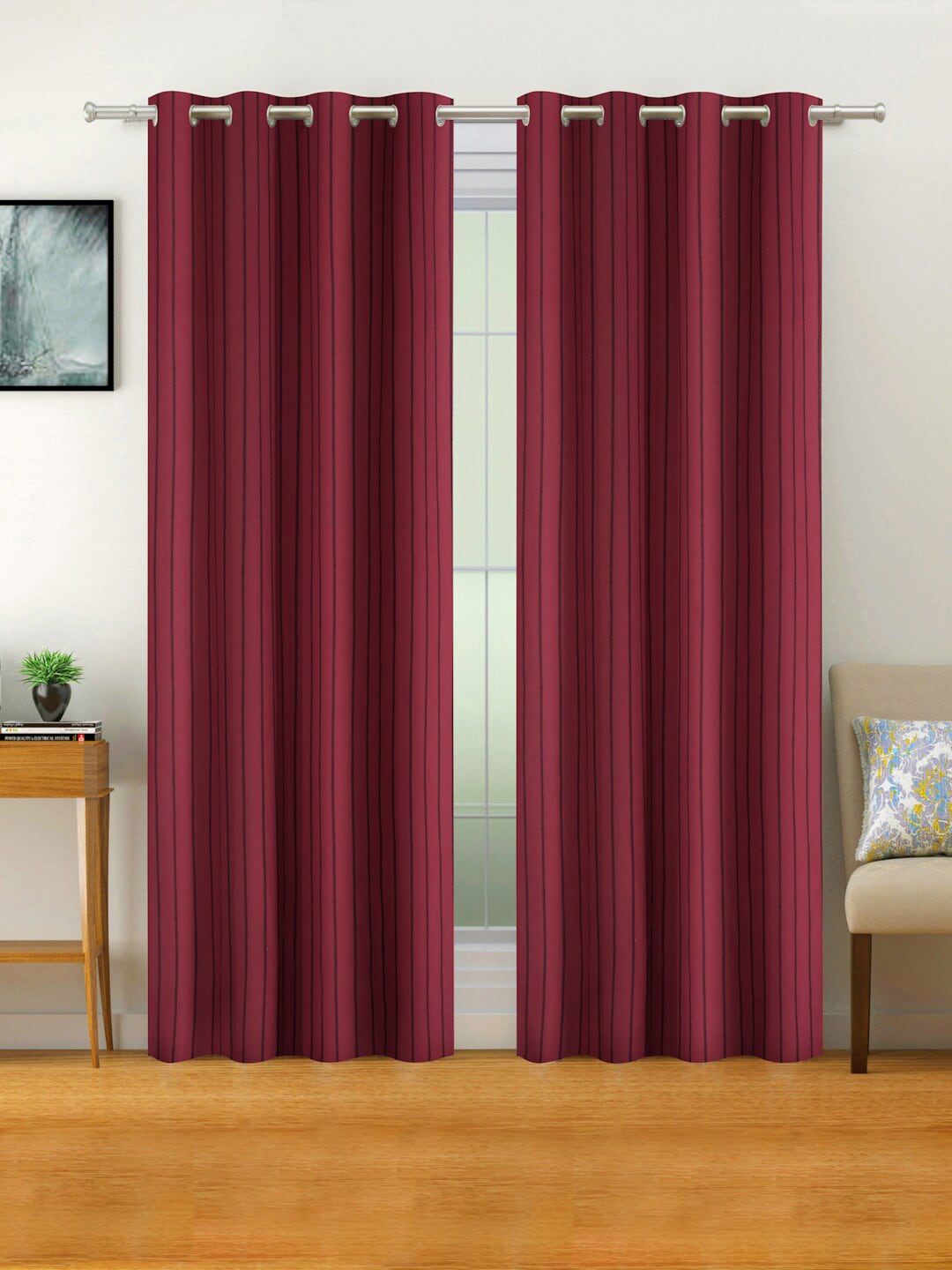 KLOTTHE Red Set of 2 Striped Door Curtain Price in India