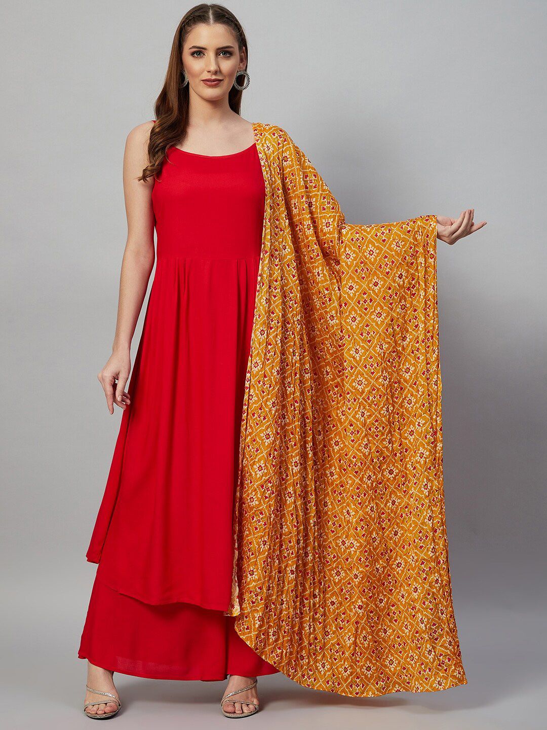 InWeave Mustard & Red Printed Silk Blend Dupatta Price in India