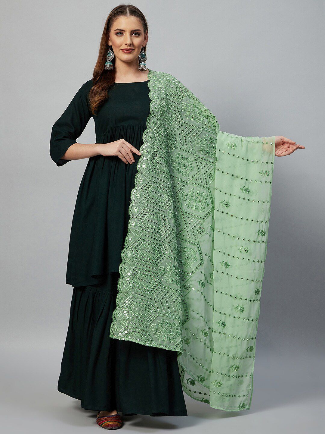 InWeave Green Embroidered Mirror Work Dupatta Price in India