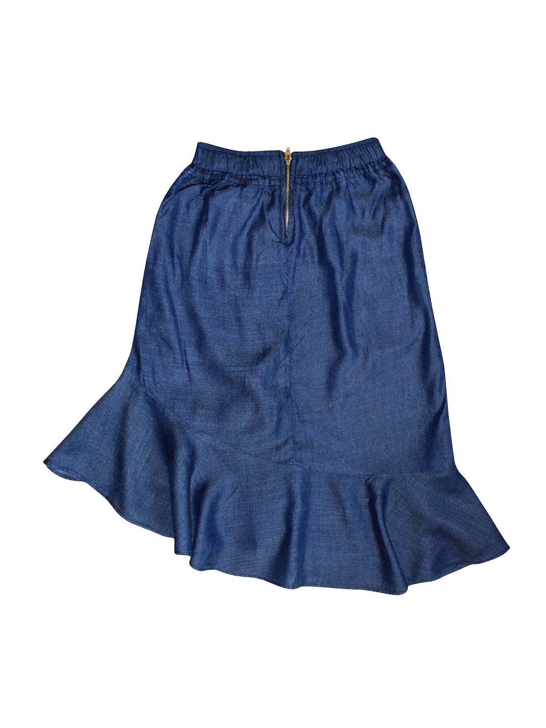 KiddoPanti Girls Blue Solid Flared Knee-Length Denim Skirt
