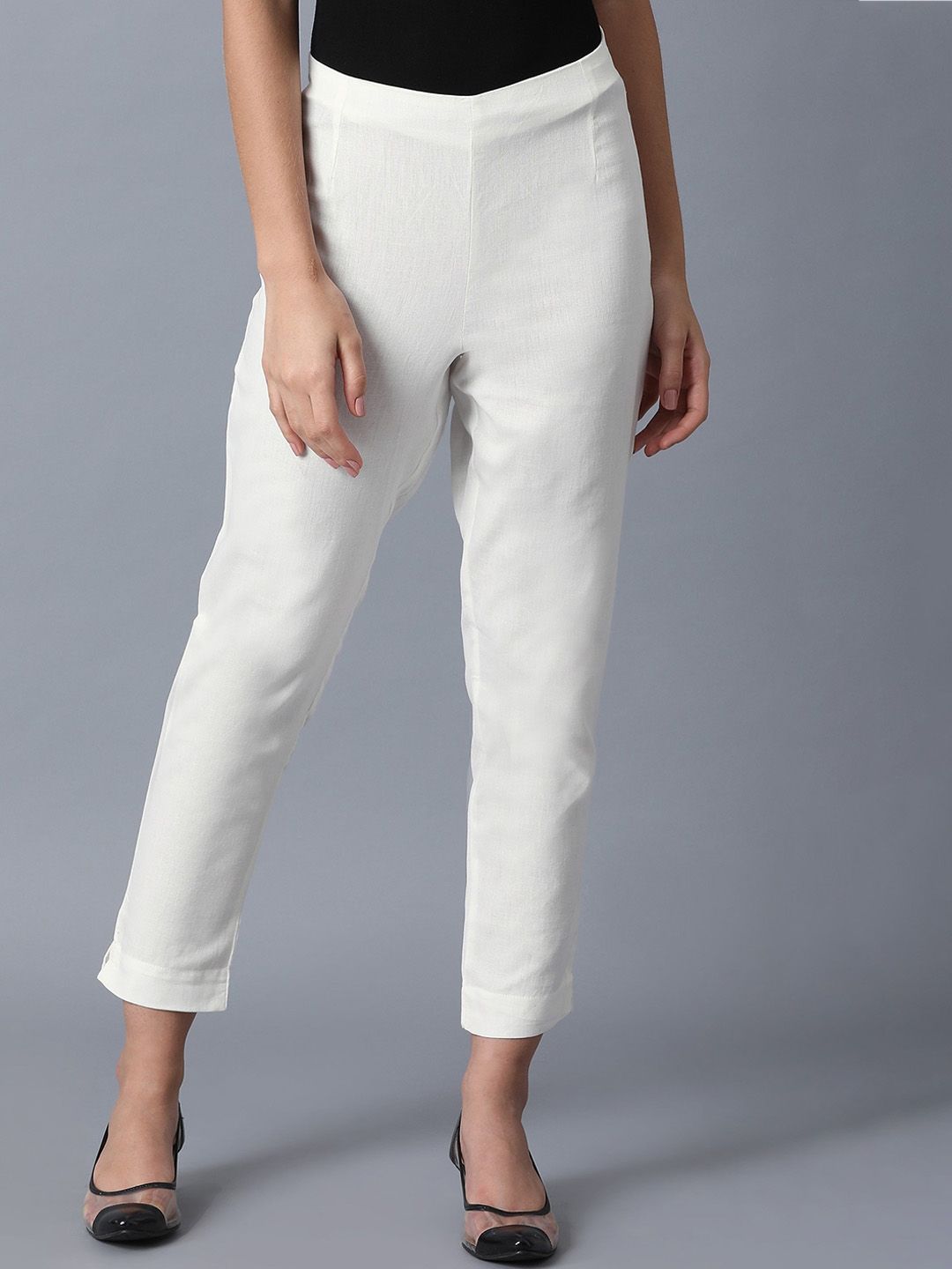 W Women White Slim Fit Trousers Price in India
