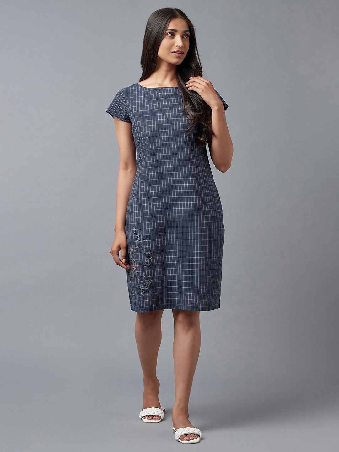 W Blue Checked Pure Cotton Sheath Dress Price in India