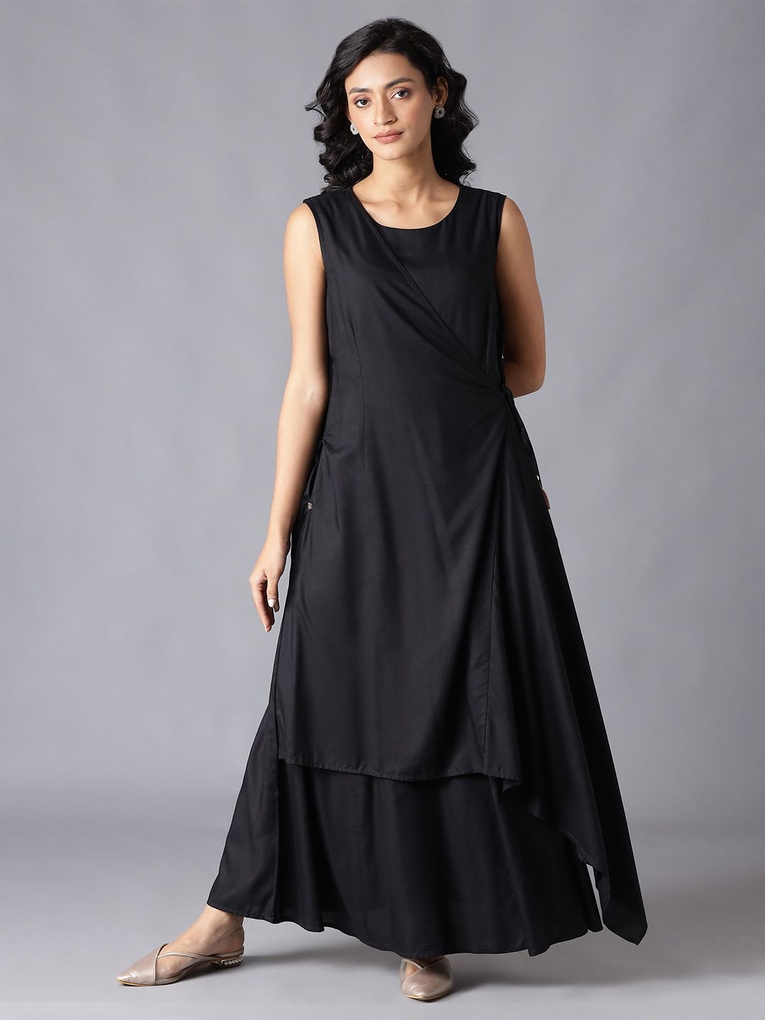 W Black Solid Rayon Maxi Dress Price in India
