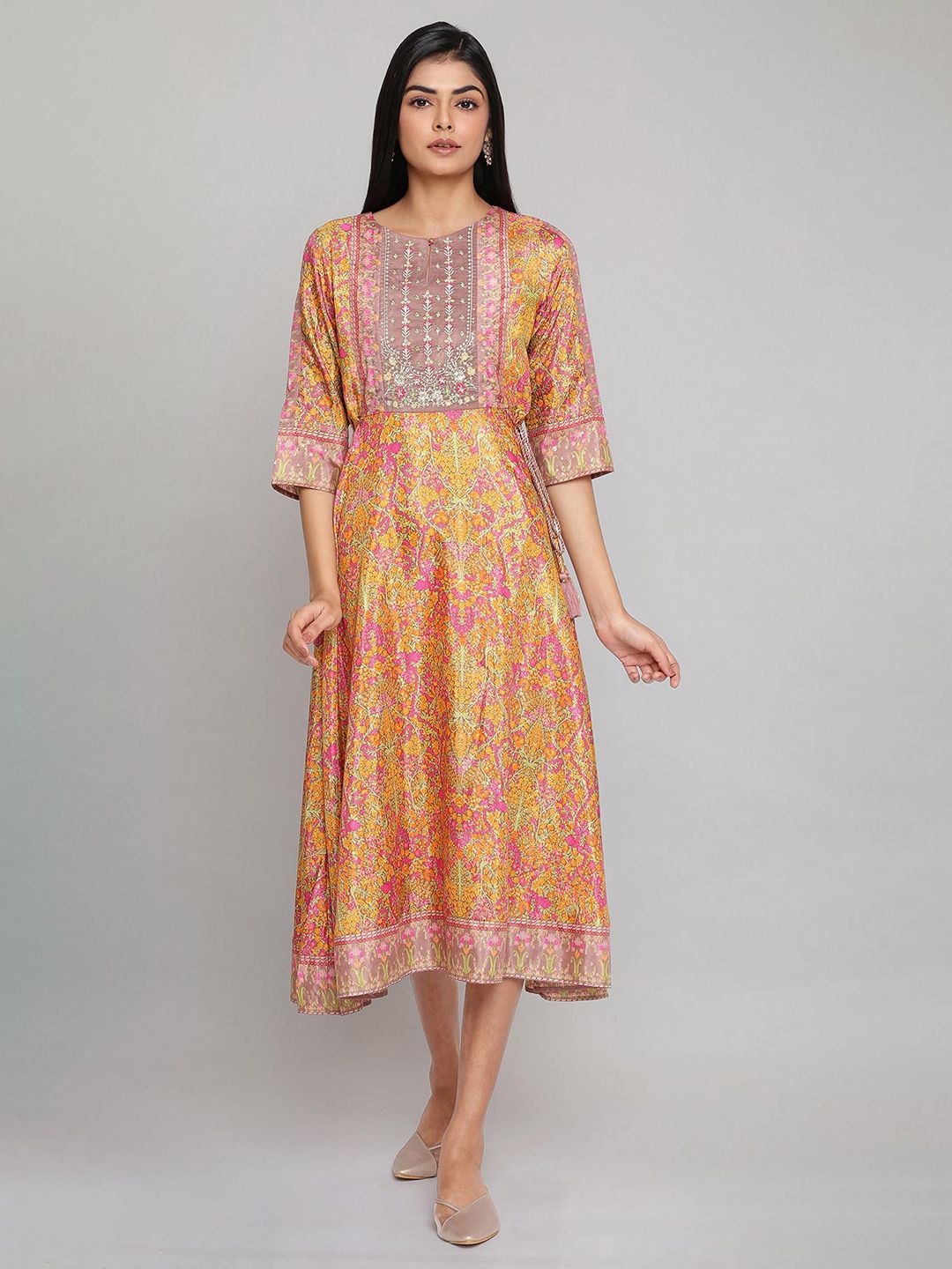 W Yellow & Pink Ethnic Motifs Ethnic A-Line Midi Dress Price in India