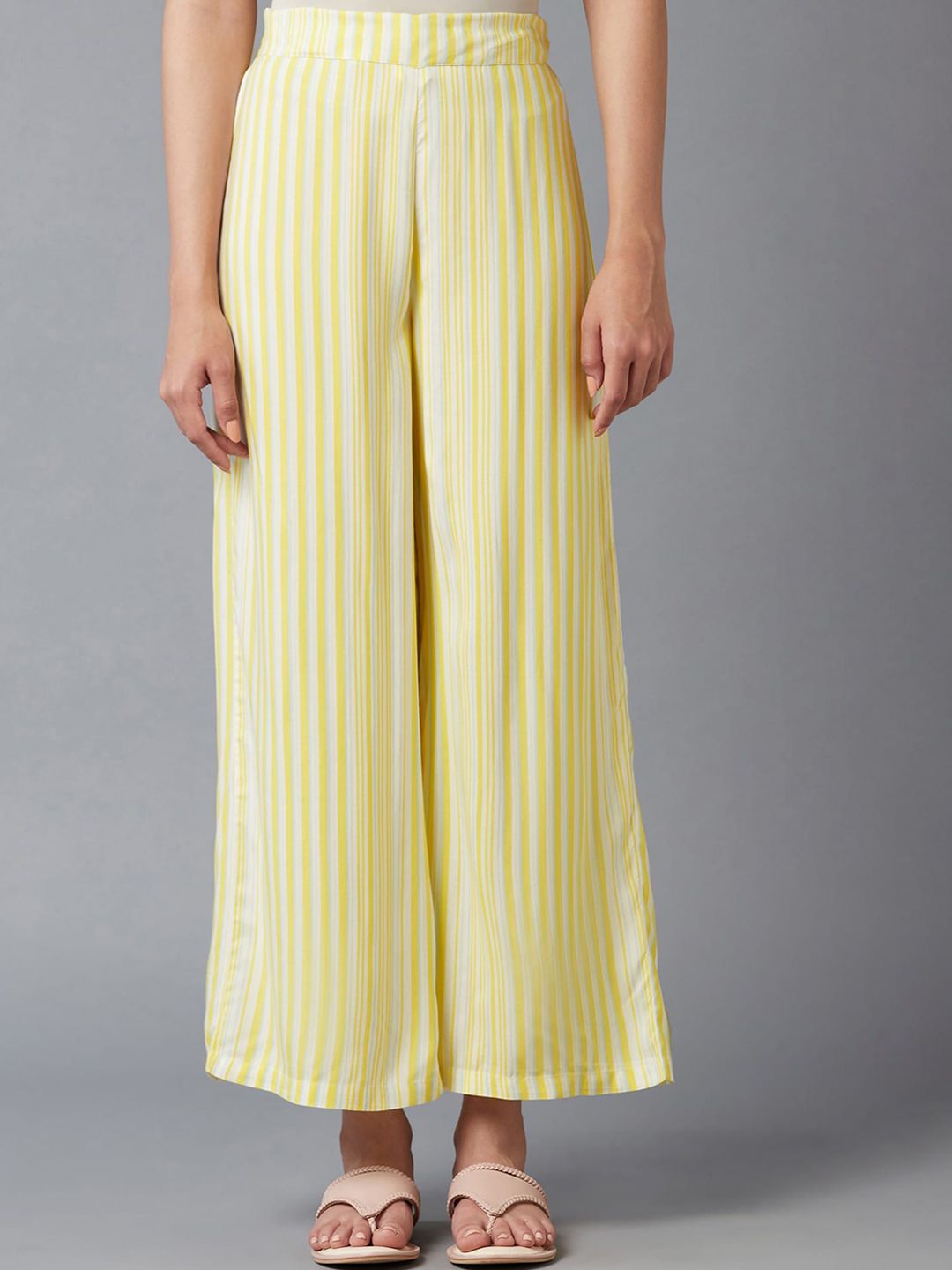 W Women Yellow Striped Trousers Price in India
