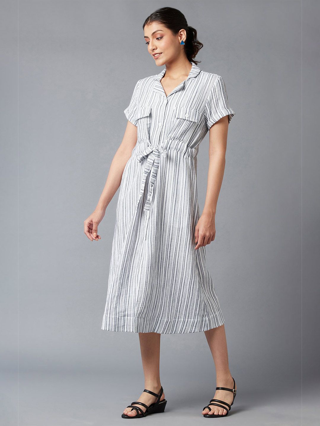 W Blue Striped Shirt Midi Dress Price in India