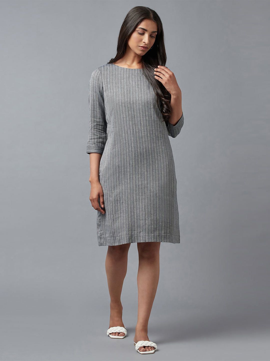 W Grey Striped Pure Cotton Sheath Dress Price in India