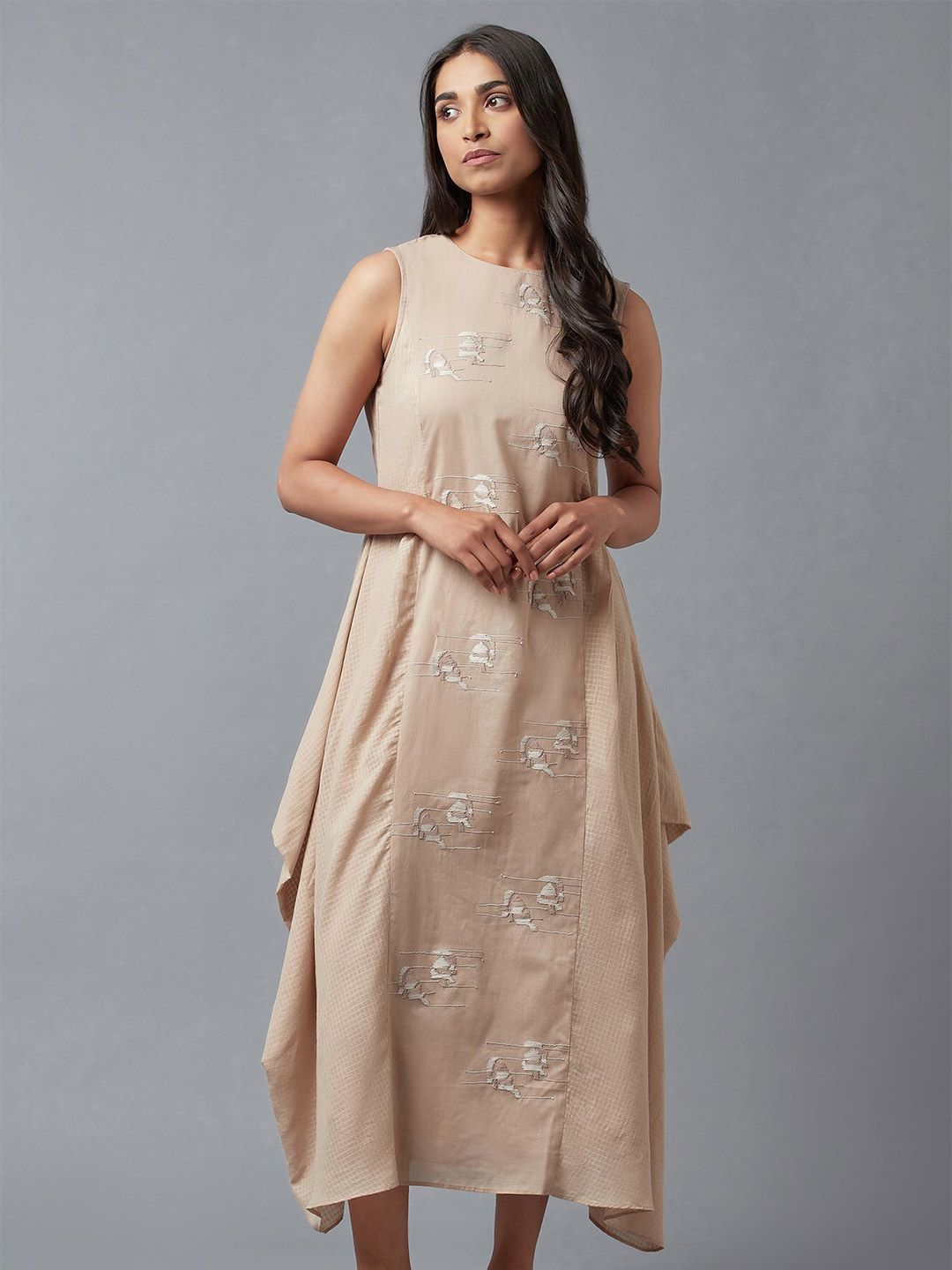 W Beige Ethnic Motifs A-Line Midi Dress Price in India