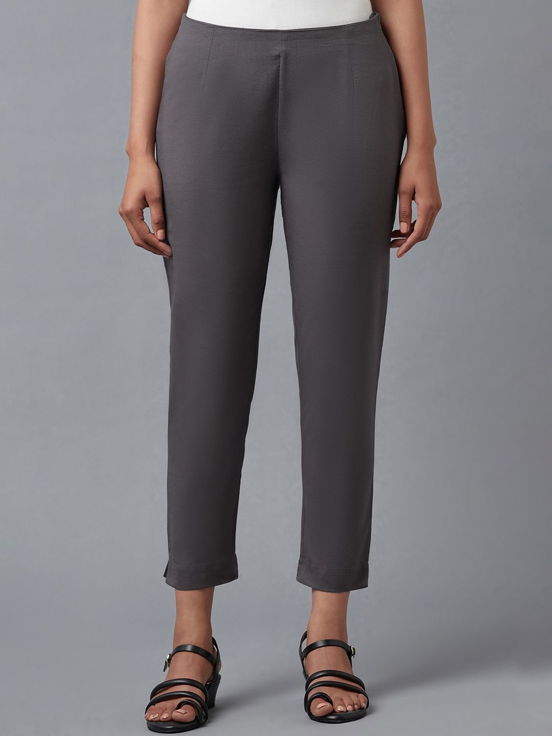 W Women Grey Slim Fit Mid-Rise Trousers Price in India