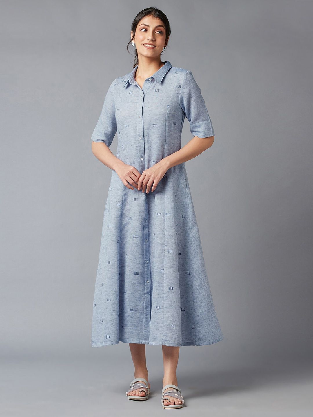 W Women Blue Shirt Collar Midi Dress Price in India