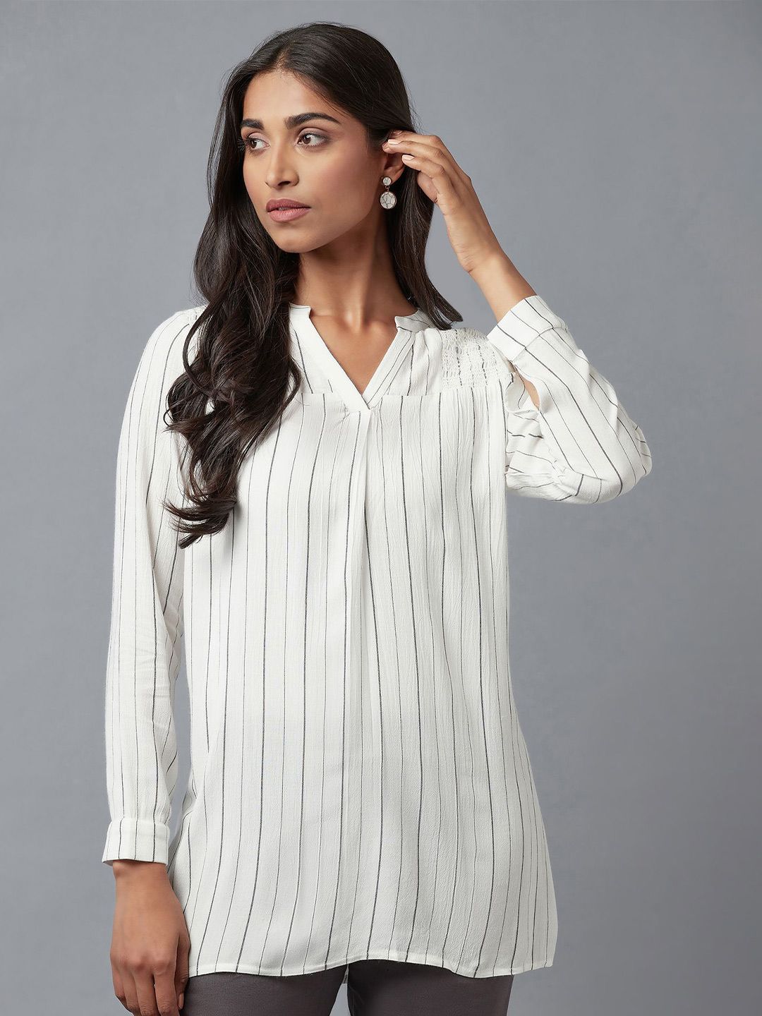 W Women White Striped Mandarin Collar Top Price in India