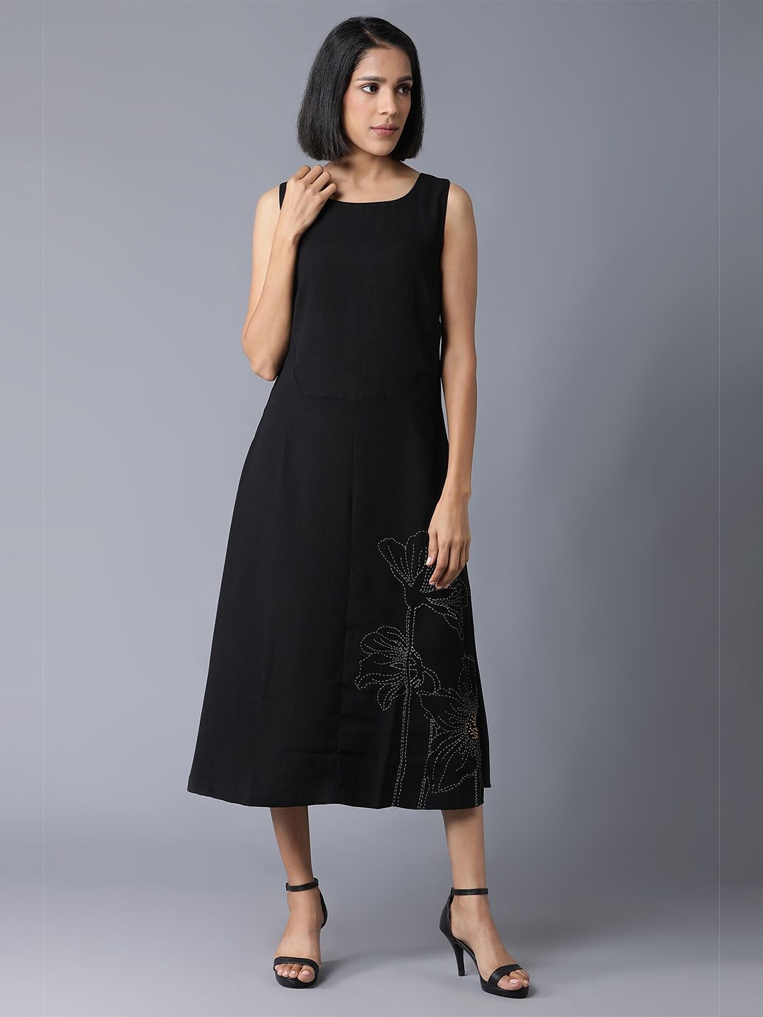 W Women Black Embroidered A-Line Midi Dress Price in India