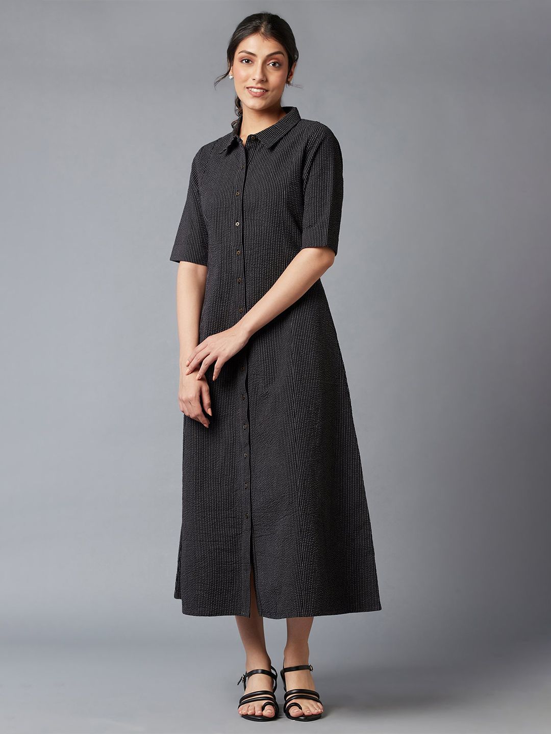 W Black Striped Shirt Midi Dress Price in India