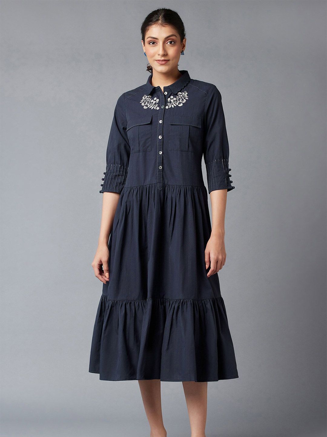 W Women Blue & White Embroidered A-Line Midi Dress Price in India