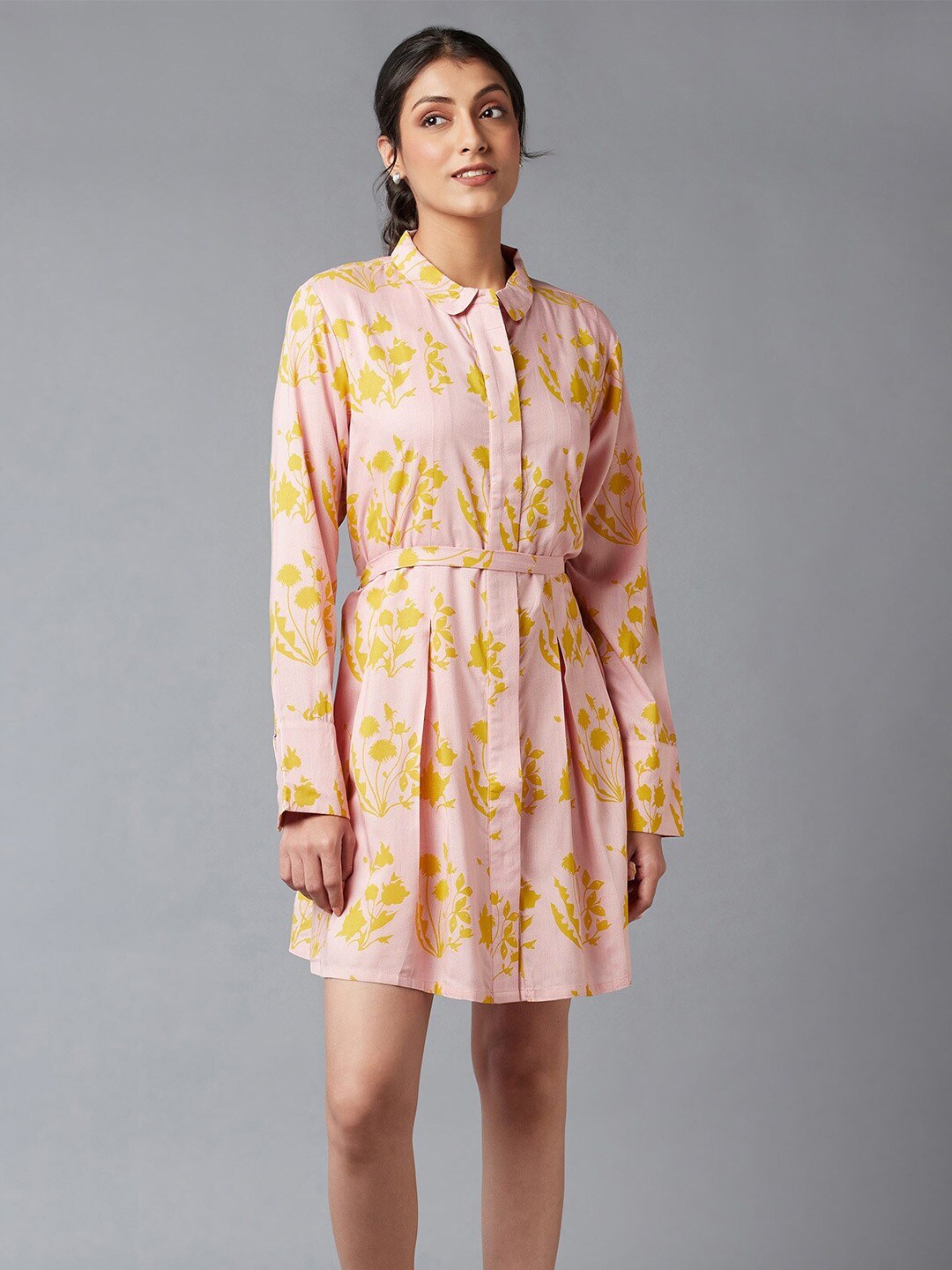 W Pink & Yellow Floral Shirt Dress Price in India