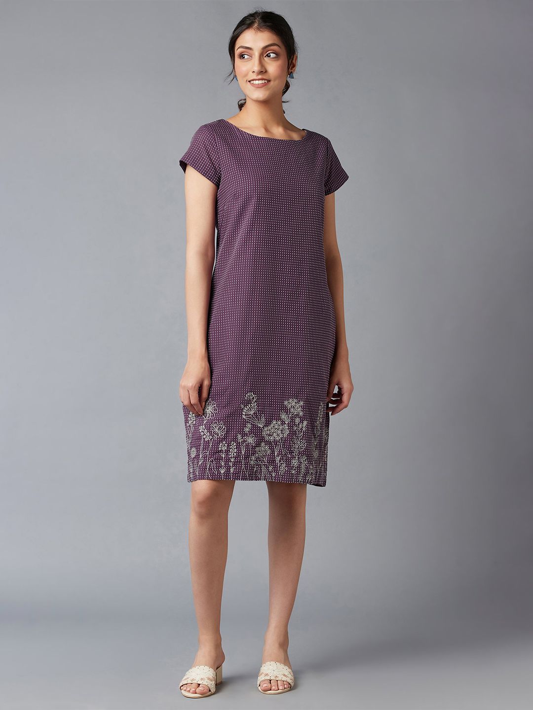 W Purple Floral A-Line Dress Price in India