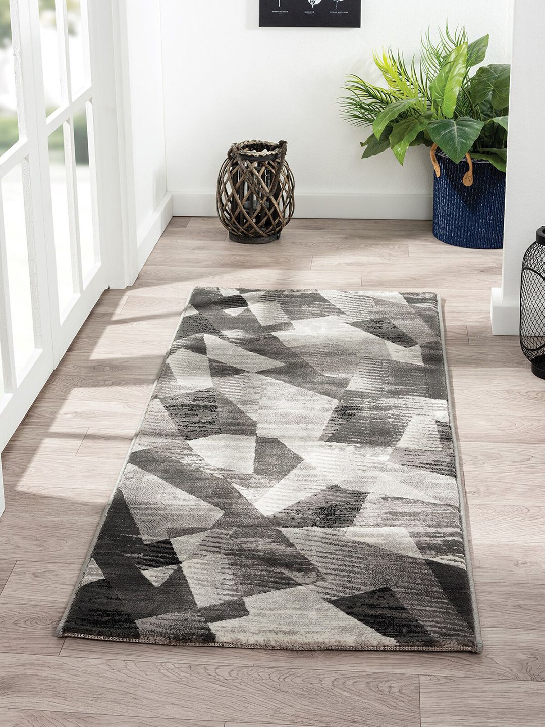 OBSESSIONS Grey & White Abstract Floor Runner Price in India
