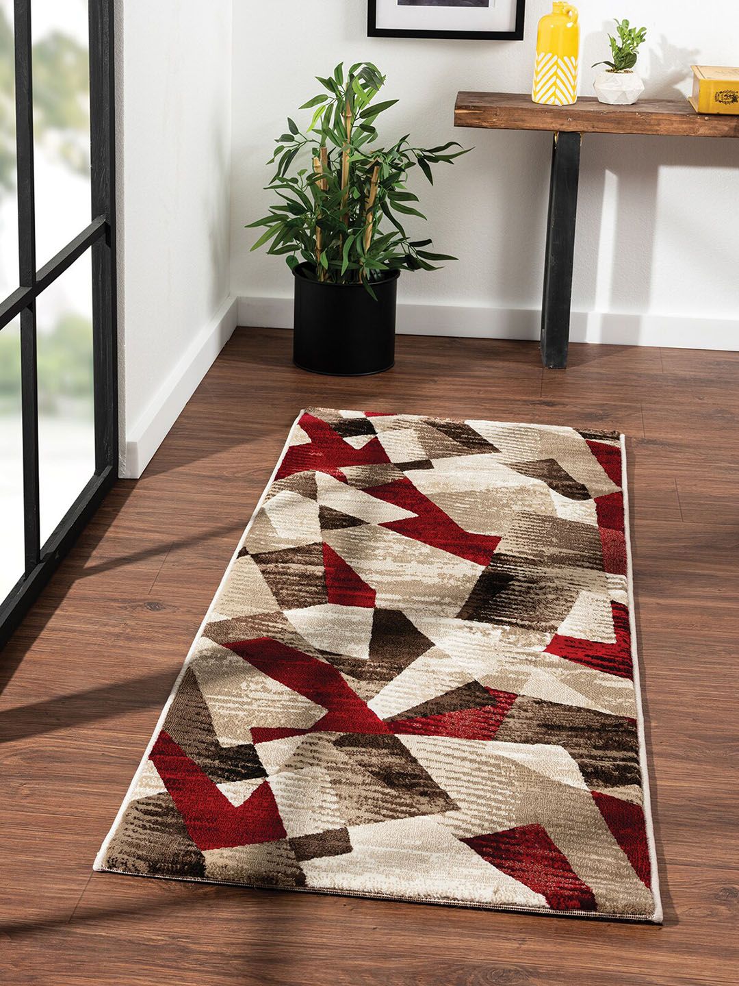 OBSESSIONS Beige & Red Abstract Floor Runner Price in India