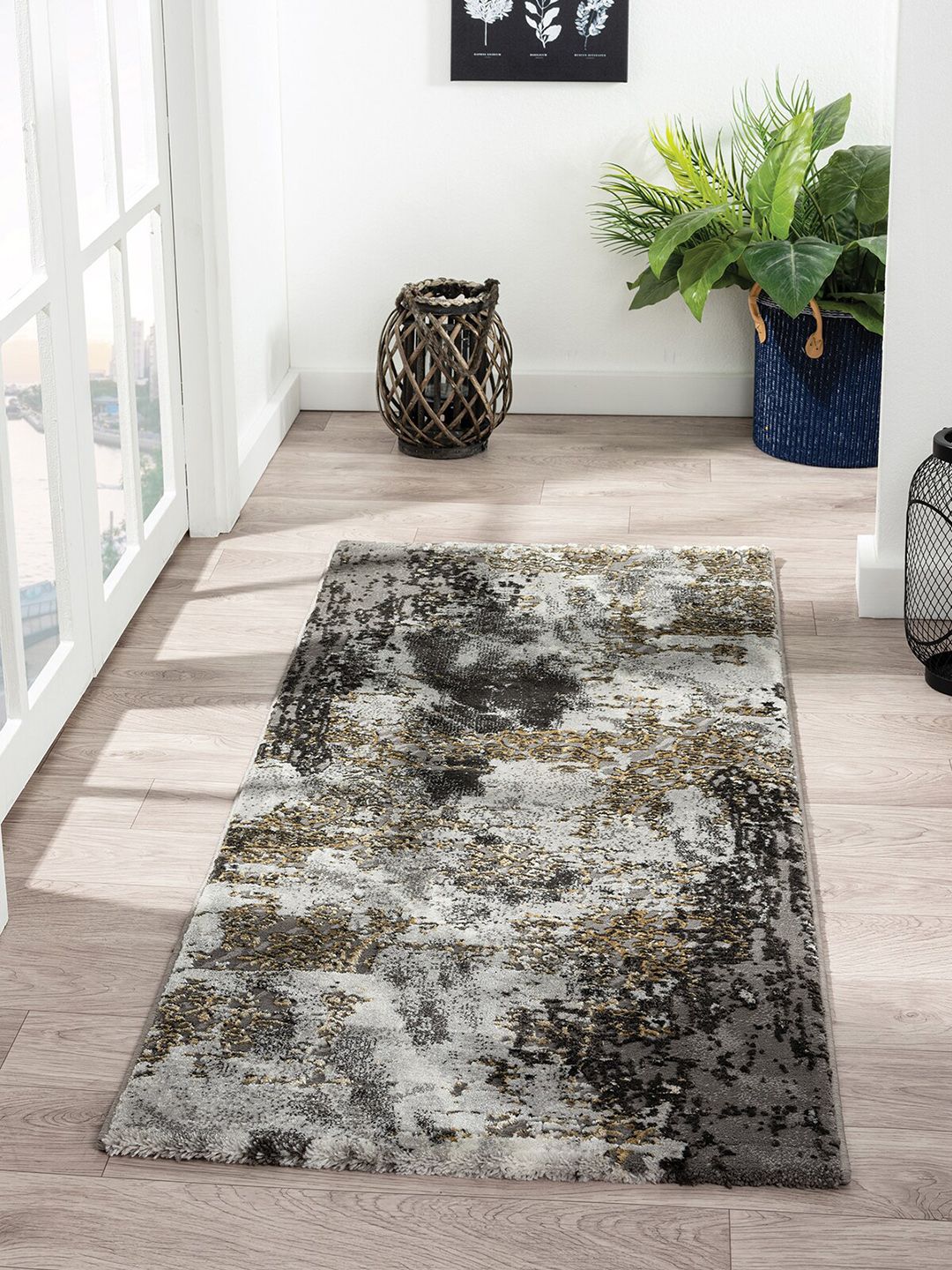 OBSESSIONS Grey & Gold-Toned Abstract Floor Runner Price in India