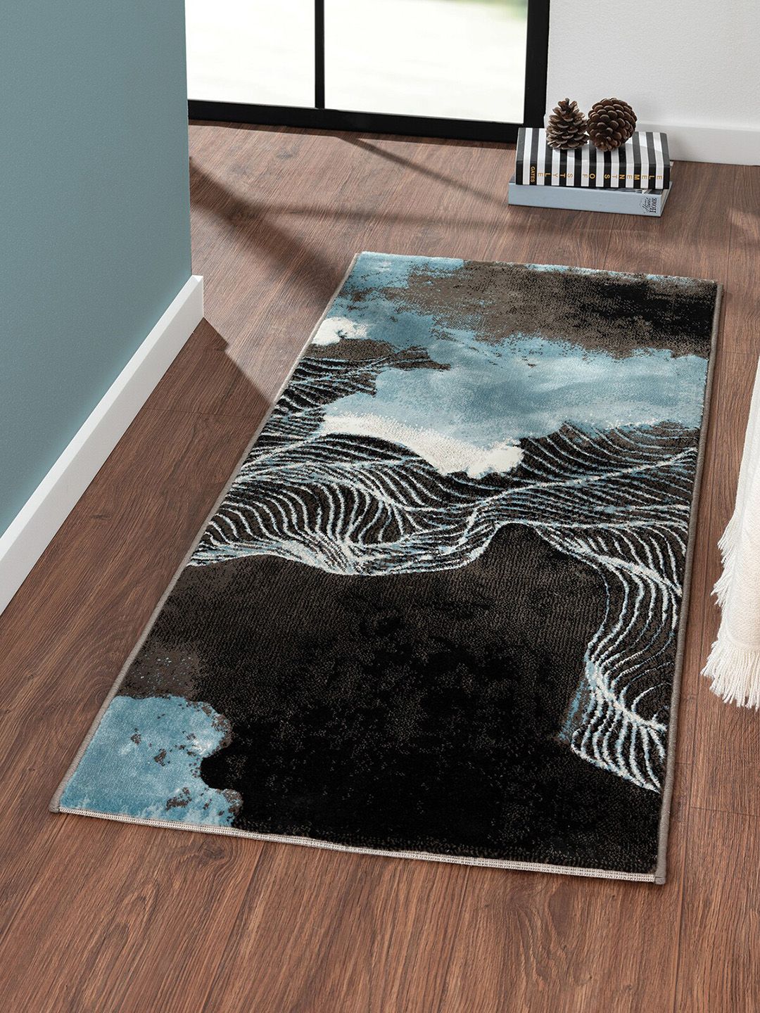 OBSESSIONS Blue & Black Abstract Patterned Floor Runner Price in India