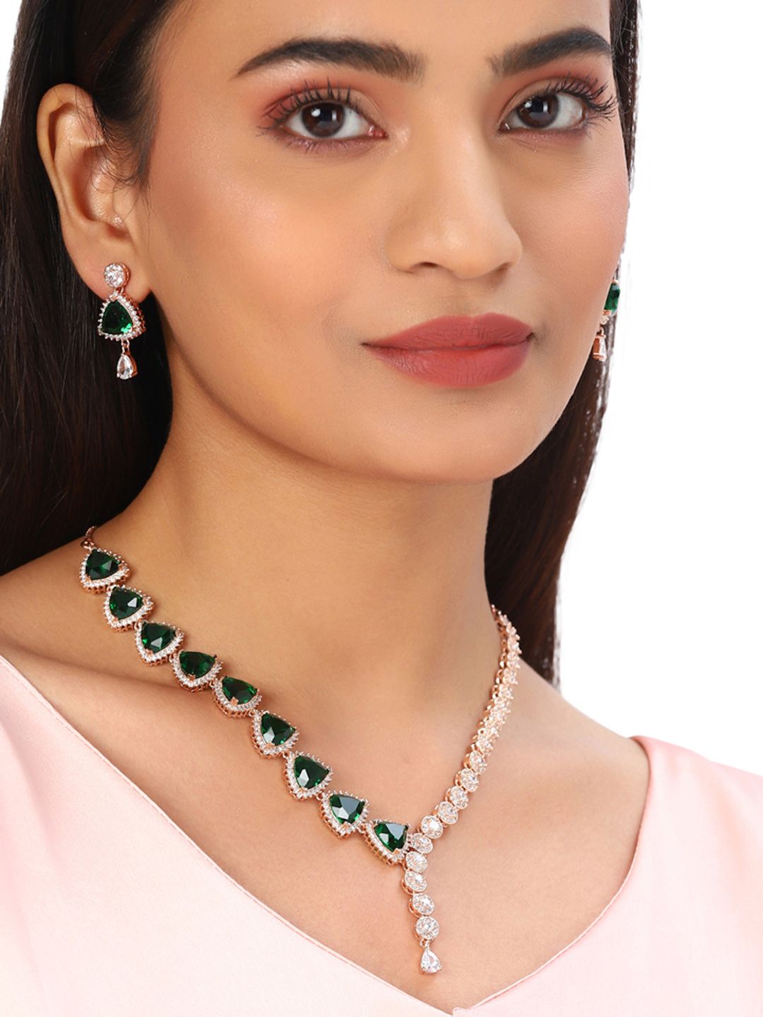 Studio Voylla Green Rose Gold-Plated American Diamond CZ Pearl Necklace Set Price in India