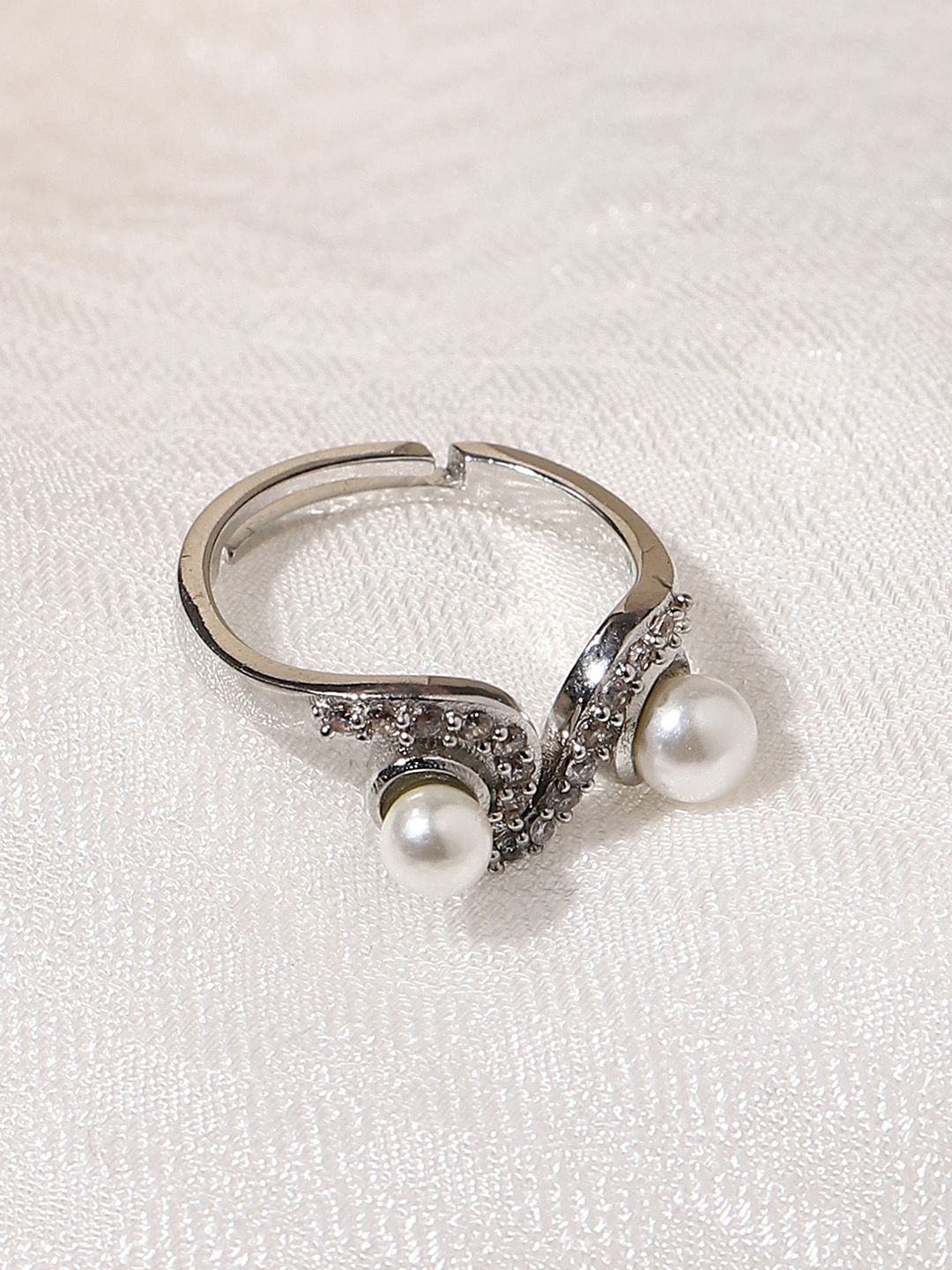Studio Voylla Women Silver-Plated White American Diamond CZ Pearl Brass Ring Price in India