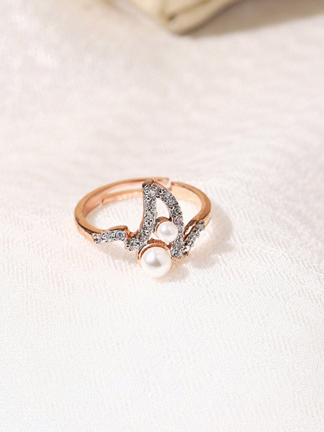 Studio Voylla Women Rose Gold-Plated American Diamond CZ Pearl Ring Price in India
