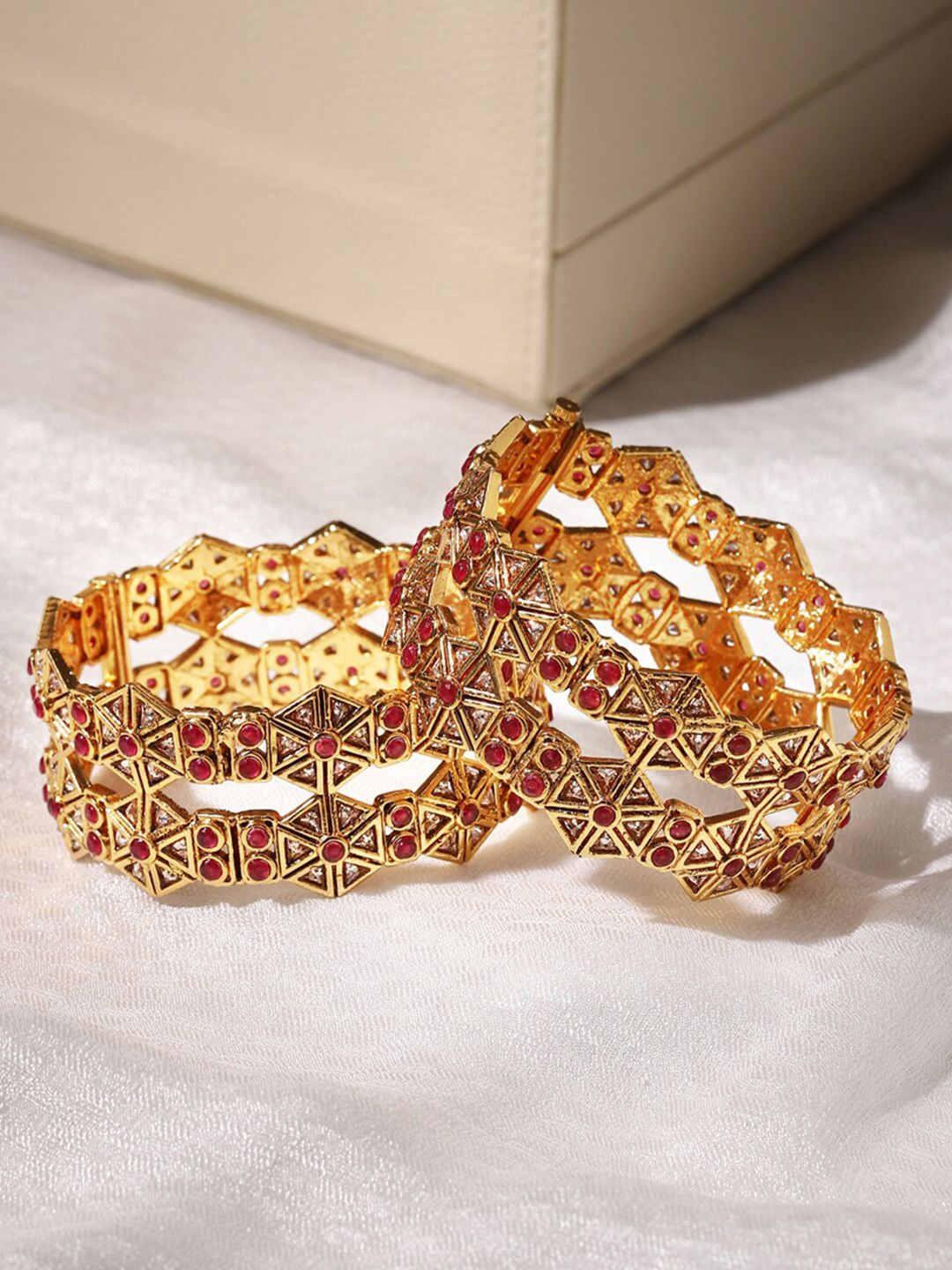 Studio Voylla Gold-Plated Hand Crafted Enamelled Bangle-Style Bracelet with Red Stone Price in India