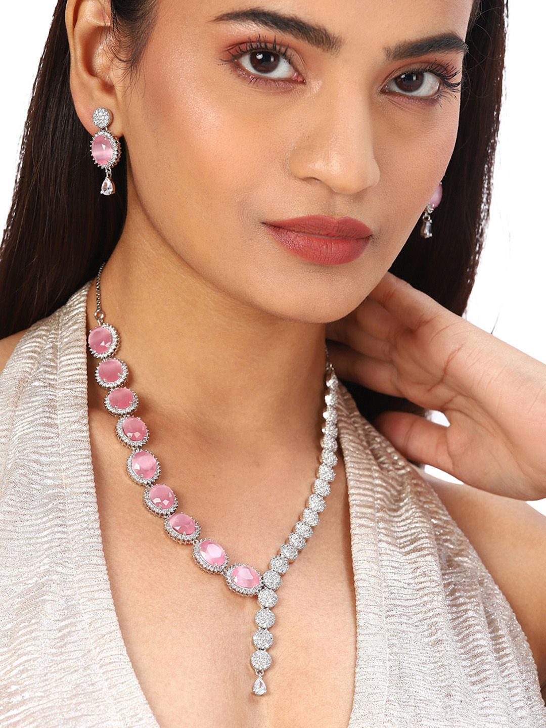 Studio Voylla Pink & Silver Rhodium Plated AD CZ Pearl Necklace Set with Stone Price in India
