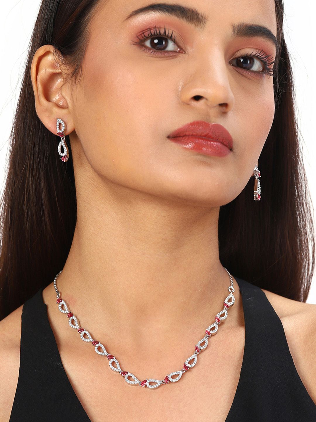 Studio Voylla White & Pink American Diamond CZ Necklace Set Price in India