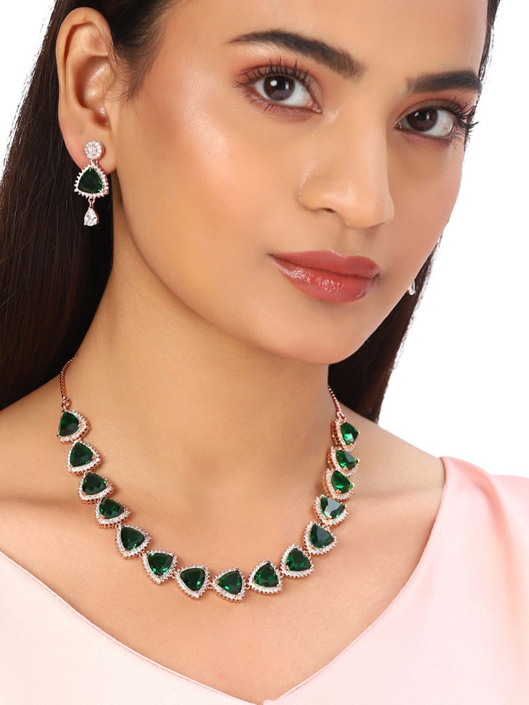 Studio Voylla Green Rose Gold Plated AD CZ Enamelled Necklace Set with Green Stone Price in India