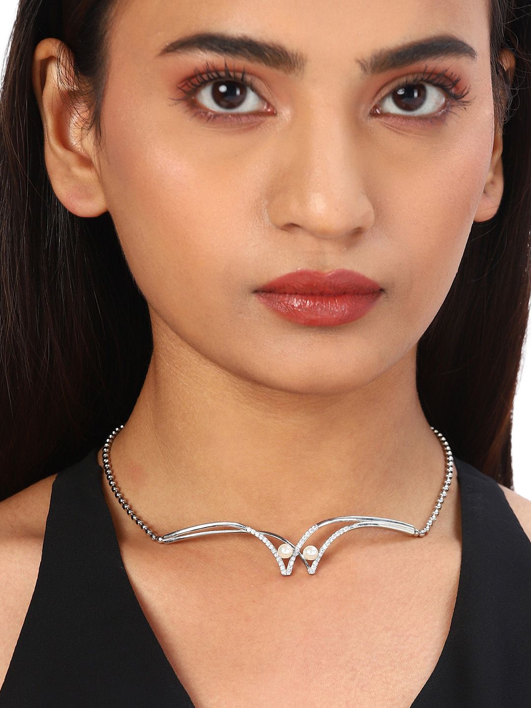 Studio Voylla Silver-Toned & White Gold-Plated American Diamond CZ Necklace Price in India