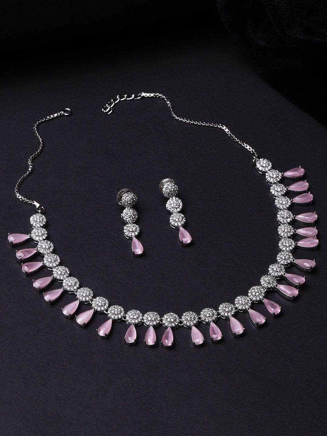 Studio Voylla Pink & White Rhodium-Plated American Diamond CZ Necklace Set Price in India