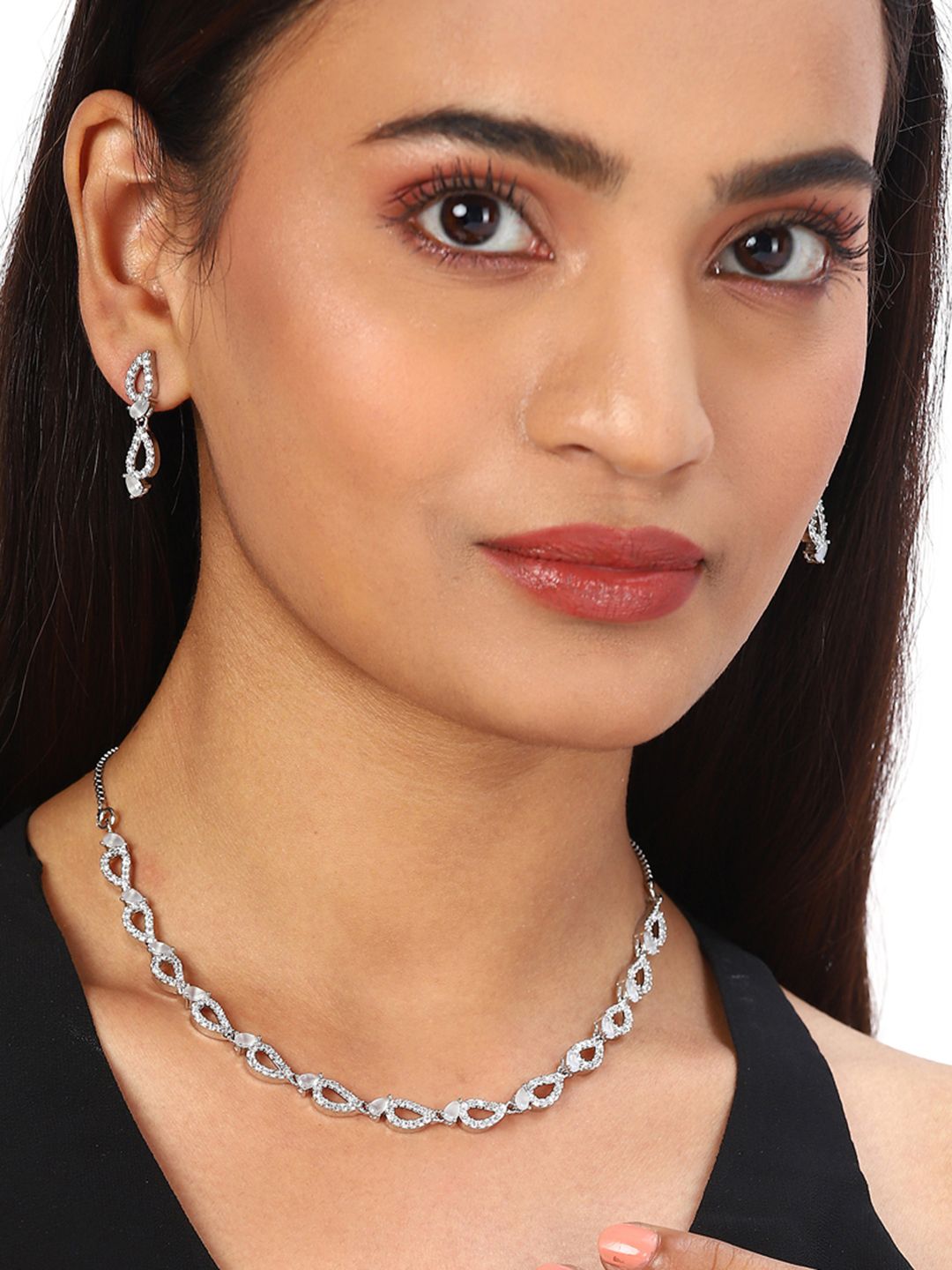 Studio Voylla Brass Silver Plated AD CZ Enamelled Necklace Set with White Stone Price in India
